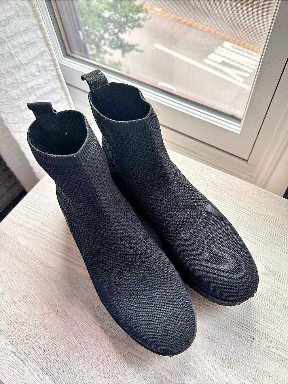 Eileen Fisher Size 9 Black Knit Sock Ankle Boots Stretch Sneakers